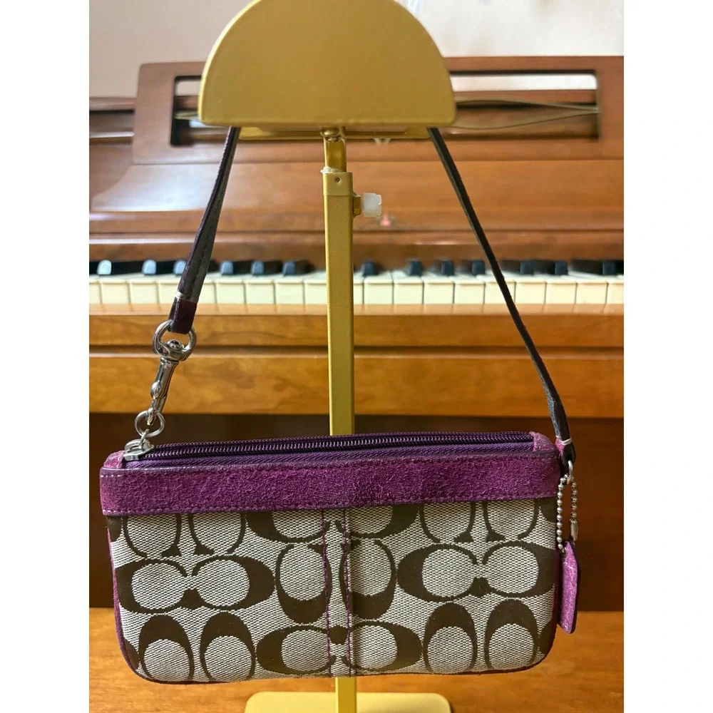 Coach Signature Jacquard Wristlet Purse Khaki Brown Purple Suede‎ Y2K Bag